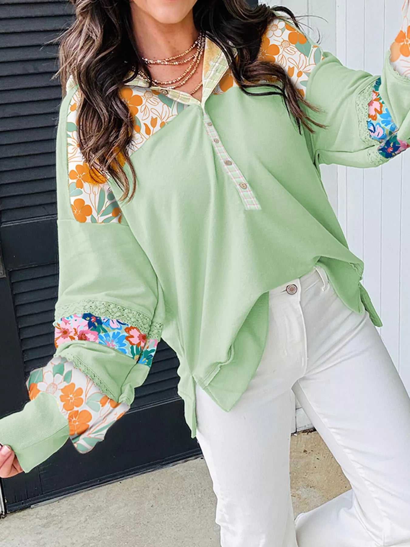 Lace Floral Patchwork Half Button Hooded Top - PBNJ FASHIONS