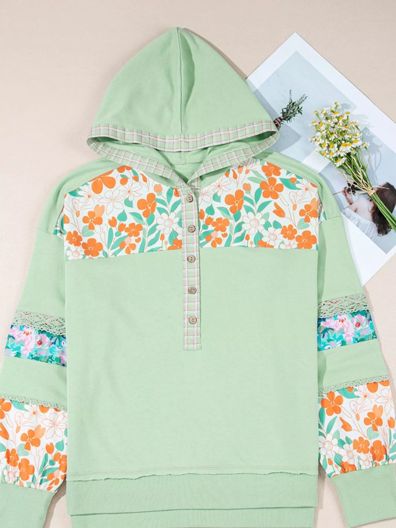 Lace Floral Patchwork Half Button Hooded Top - PBNJ FASHIONS