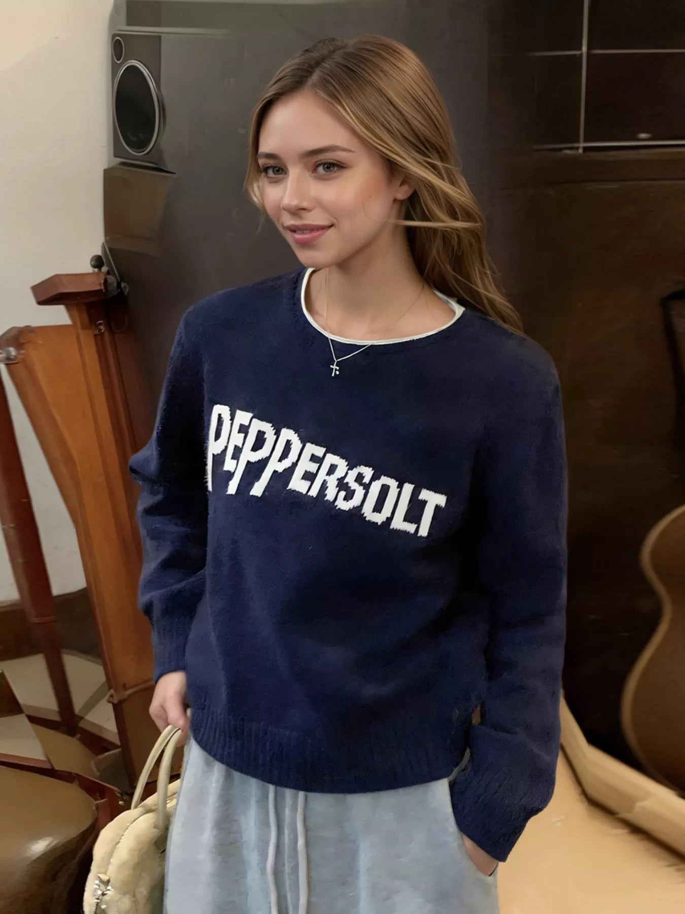 Letter Contrast Trim Round Neck Sweater - PBNJ FASHIONS