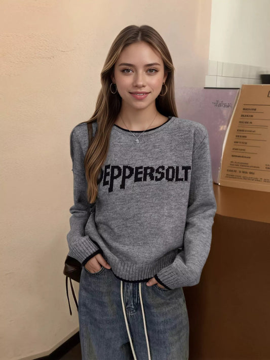Letter Contrast Trim Round Neck Sweater - PBNJ FASHIONS