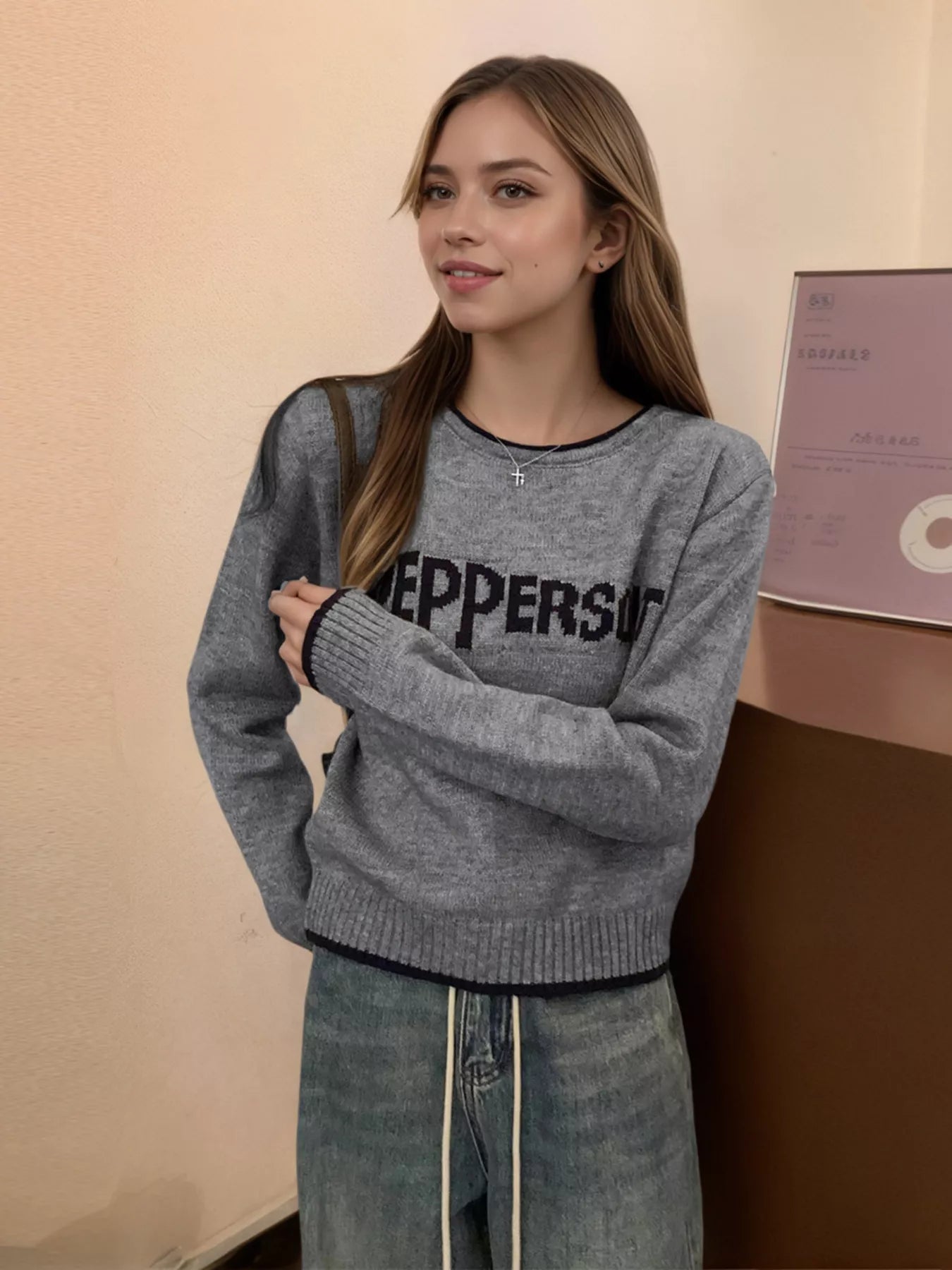 Letter Contrast Trim Round Neck Sweater - PBNJ FASHIONS