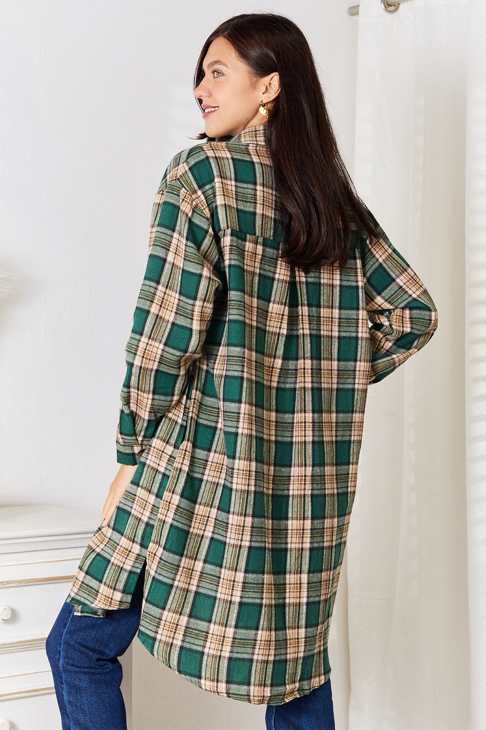 Mandy Plaid Collared Neck Long Sleeve Shirt - PBNJ FASHIONS