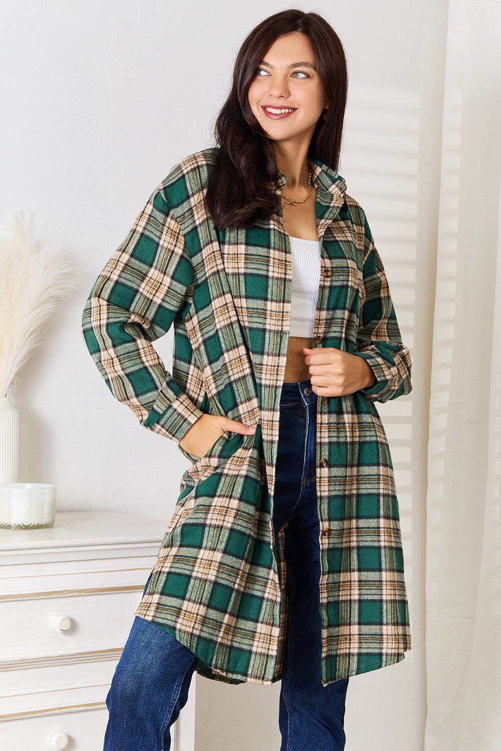 Mandy Plaid Collared Neck Long Sleeve Shirt - PBNJ FASHIONS