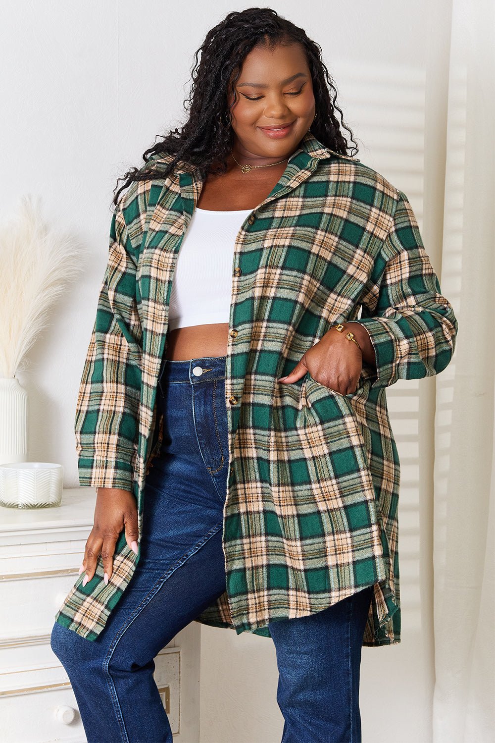 Mandy Plaid Collared Neck Long Sleeve Shirt - PBNJ FASHIONS