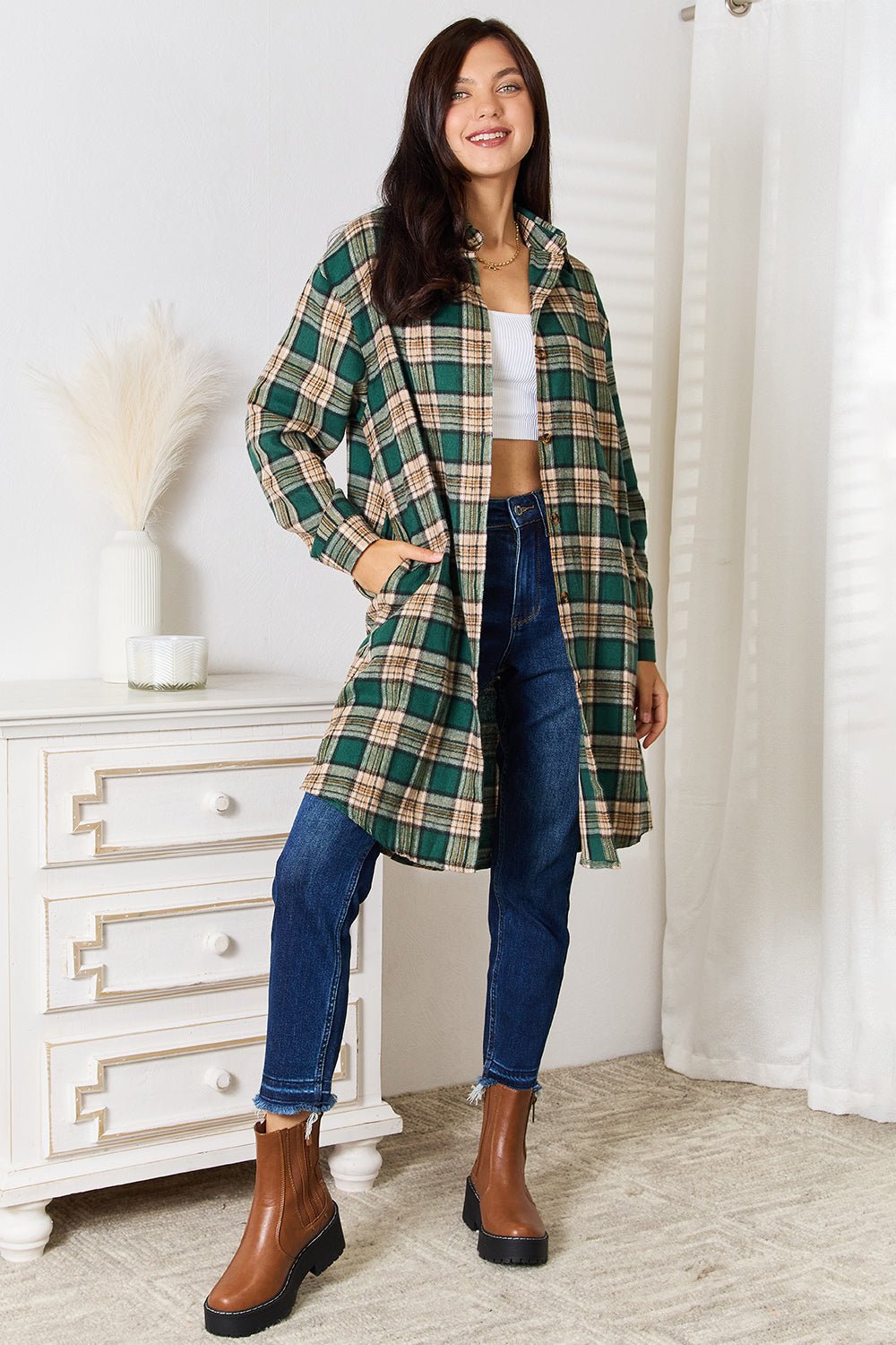 Mandy Plaid Collared Neck Long Sleeve Shirt - PBNJ FASHIONS