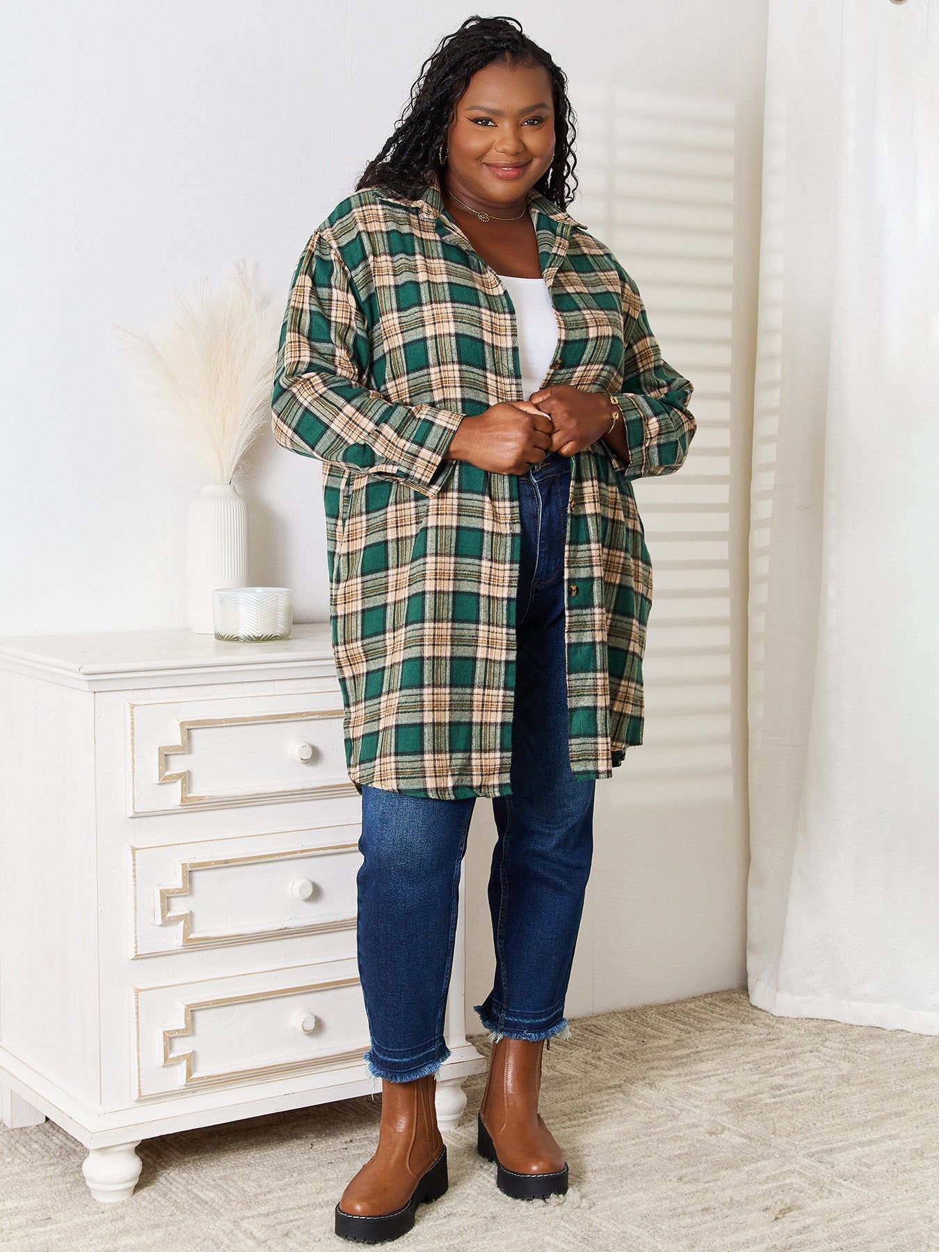 Mandy Plaid Collared Neck Long Sleeve Shirt - PBNJ FASHIONS