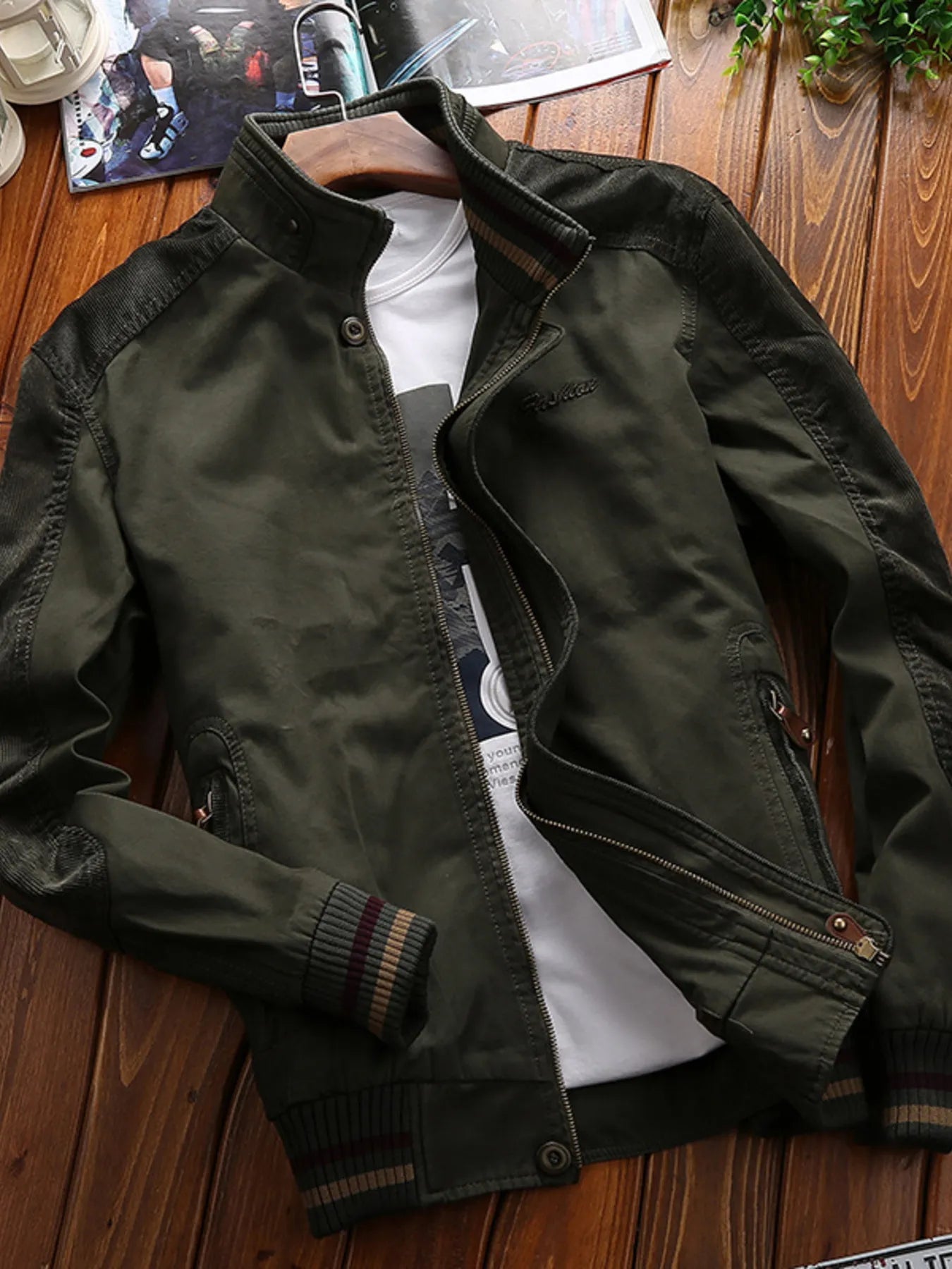 Men's Full Size Bomber Jacket with Ribbed Cuffs and Collar Plus Size - PBNJ FASHIONS