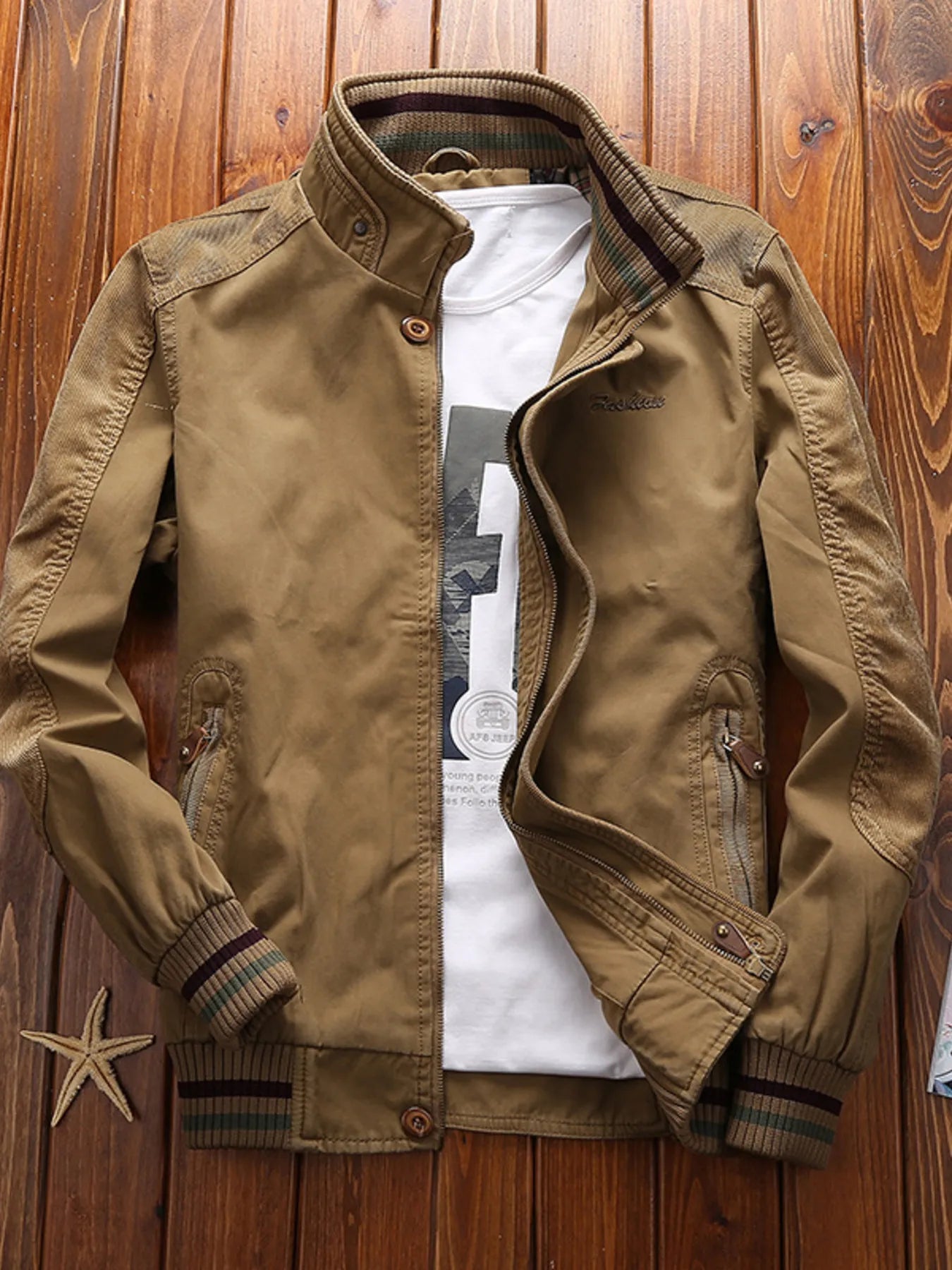 Men's Full Size Bomber Jacket with Ribbed Cuffs and Collar Plus Size - PBNJ FASHIONS