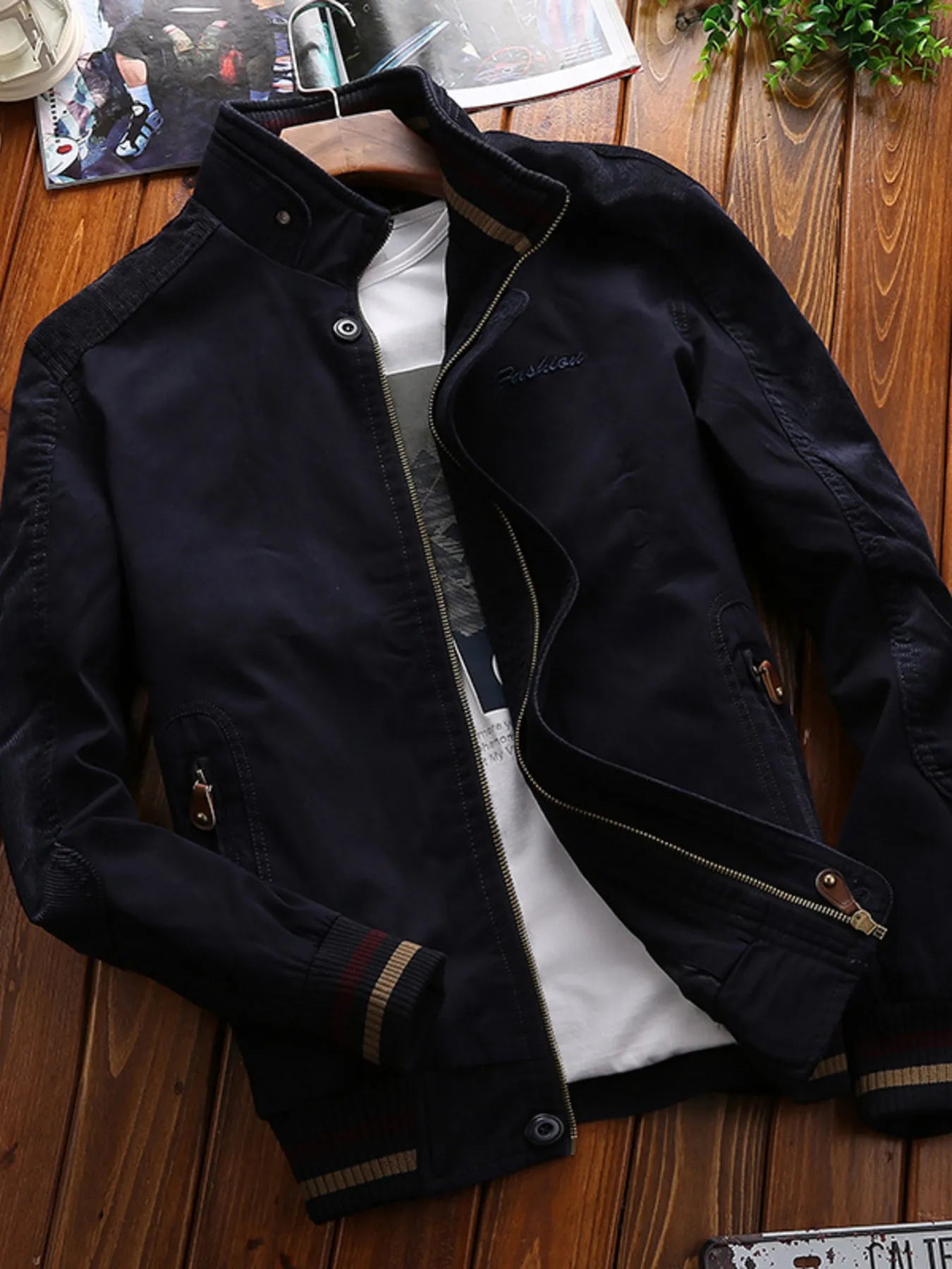 Men's Full Size Bomber Jacket with Ribbed Cuffs and Collar Plus Size - PBNJ FASHIONS