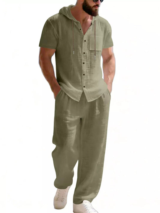 Men's Full Size Casual Hooded Short Sleeve Shirt and Pants Two-Piece Set Plus Size - PBNJ FASHIONS