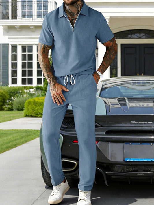 Men's Full Size Casual Zipper Polo Shirt and Drawstring Pants Set Plus Size - PBNJ FASHIONS