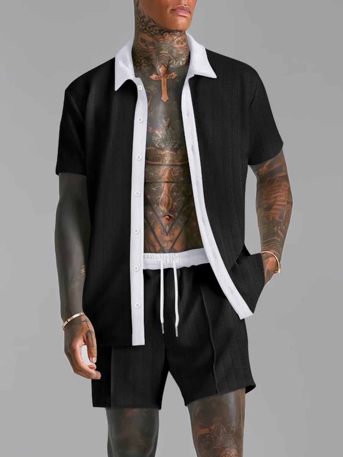 Men's Full Size Collared Neck Short Sleeve Top and Shorts Set Plus Size - PBNJ FASHIONS