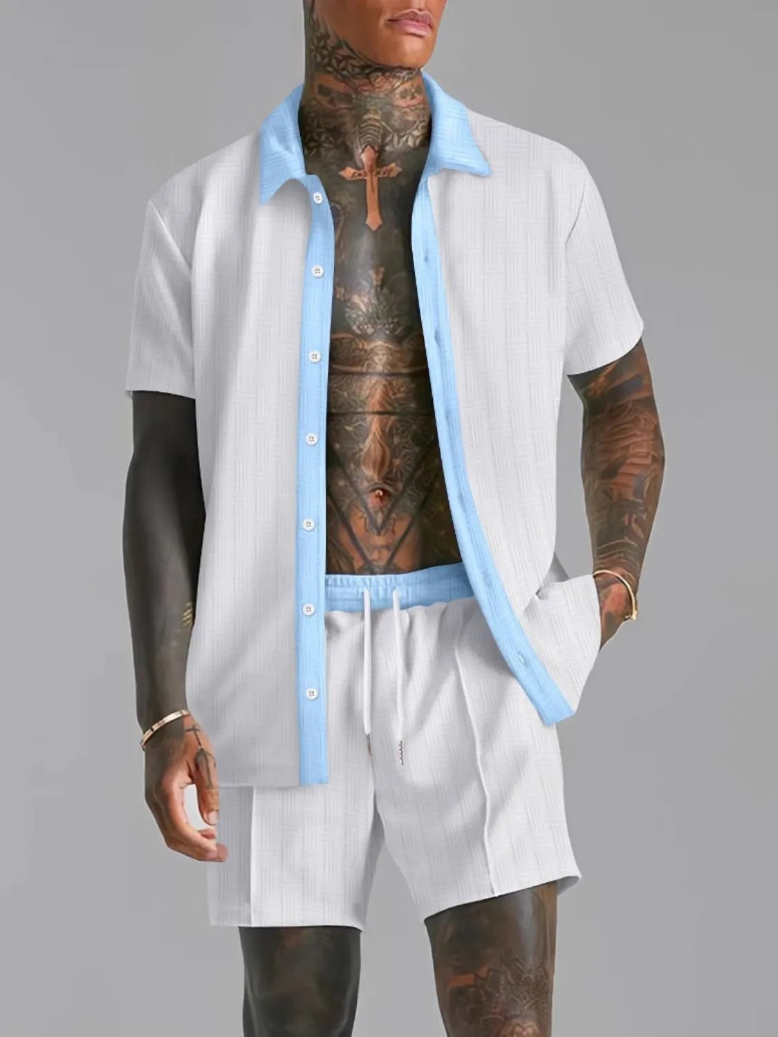 Men's Full Size Collared Neck Short Sleeve Top and Shorts Set Plus Size - PBNJ FASHIONS