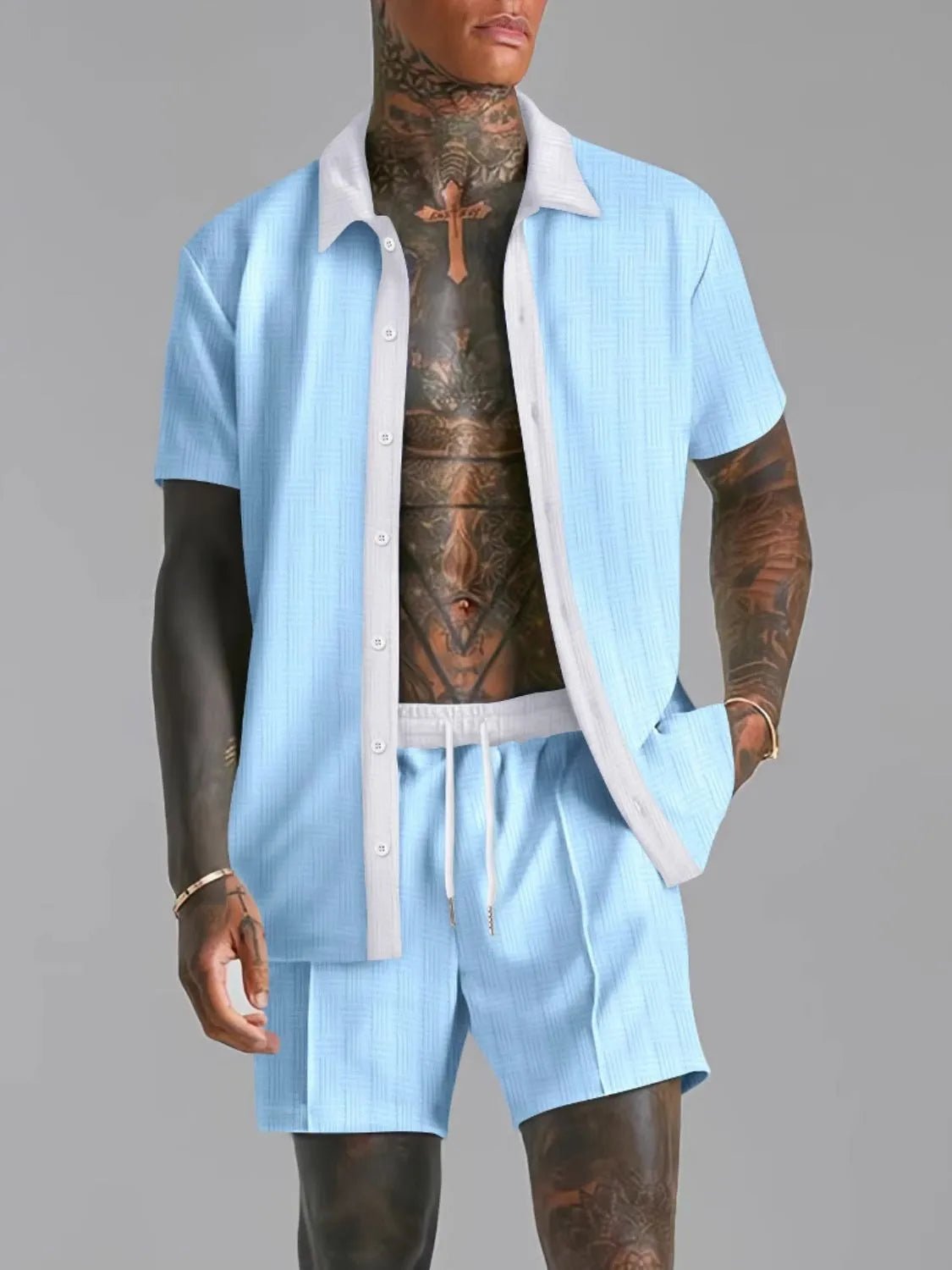 Men's Full Size Collared Neck Short Sleeve Top and Shorts Set Plus Size - PBNJ FASHIONS