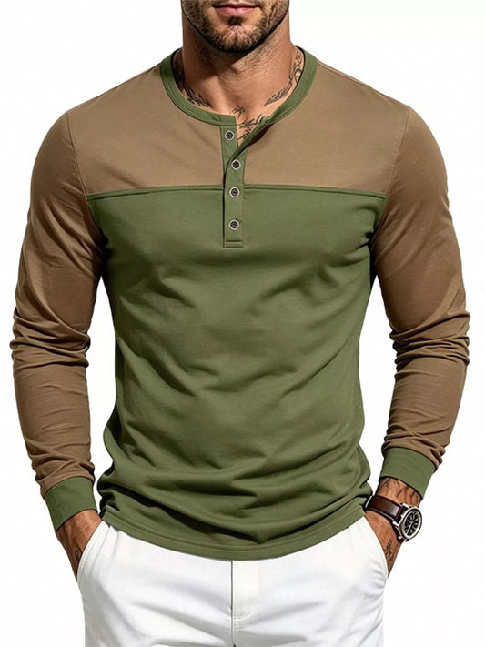 Men's Full Size Color-Block Long Sleeve Henley T-Shirt Plus Size - PBNJ FASHIONS