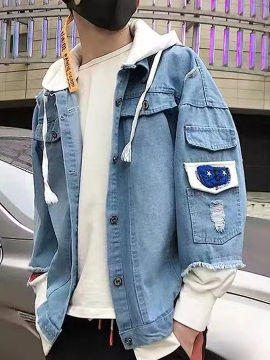 Men's Full Size Distressed Patchwork Hooded Denim Jacket Plus Size - PBNJ FASHIONS