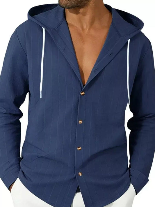 Men's Full Size Drawstring Hooded Button Up Shirt Plus Size - PBNJ FASHIONS