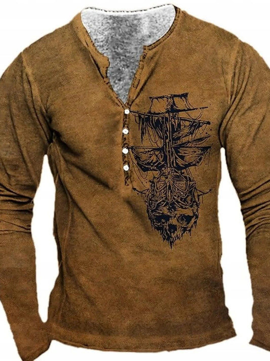 Men's Full Size Vintage Pirate Ship Skull Print Long Sleeve T-Shirt Plus Size - PBNJ FASHIONS
