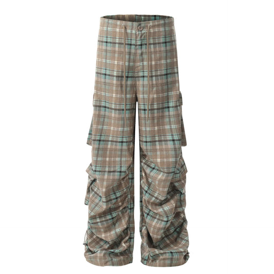 Men's Plaid Ruched Wide Leg Pants - PBNJ FASHIONS
