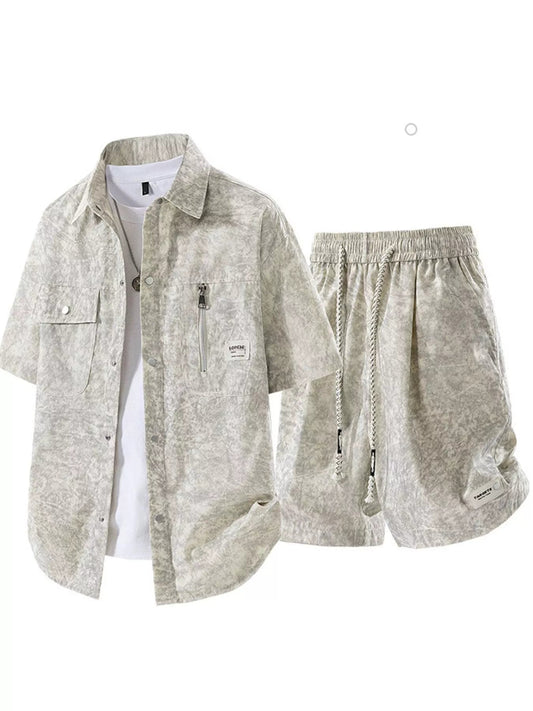 Men's Plus Size Lightweight Textured Short Sleeve Shirt and Shorts Set - PBNJ FASHIONS