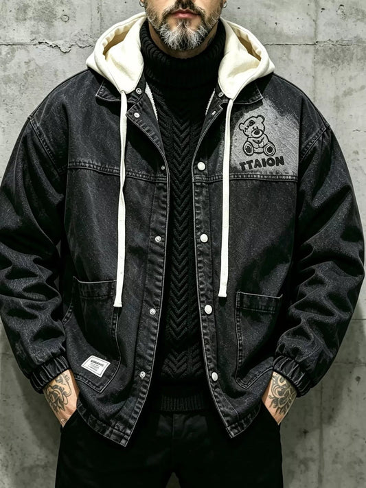 Men's Plus Size Streetwear Washed Snap Down Denim Jacket with Detachable Hood - PBNJ FASHIONS