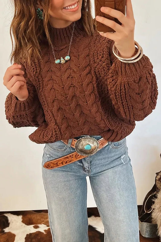 Mock Neck Cable Knit Sweater - PBNJ FASHIONS