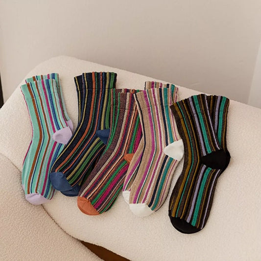 Multi-Color Striped Cotton Crew Socks - PBNJ FASHIONS