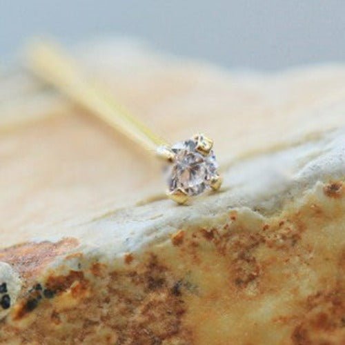 14Kt Yellow Gold Prong Set Clear CZ Fishtail Nose Ring-0