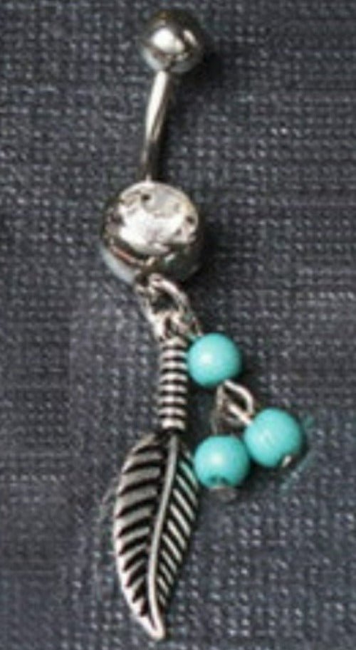 316L Surgical Steel Navel Ring with Feather and Bead Dangle-1