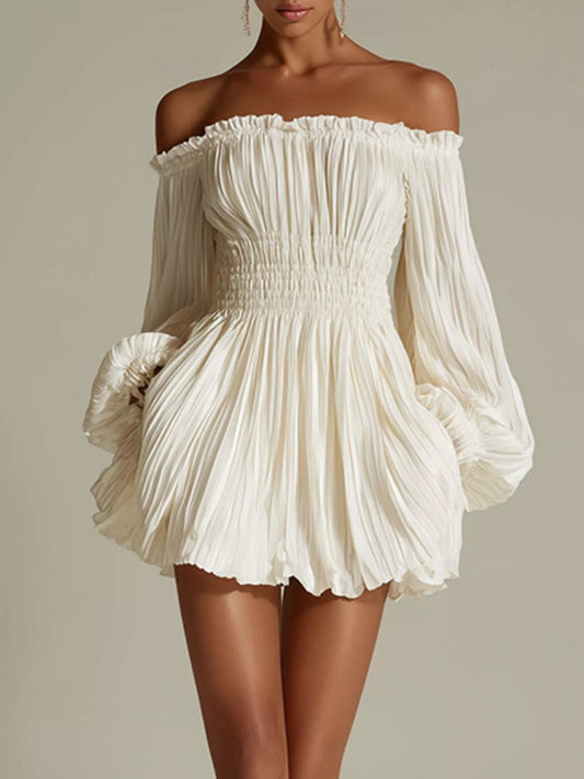 Off-Shoulder Pleated Mini Dress - PBNJ FASHIONS