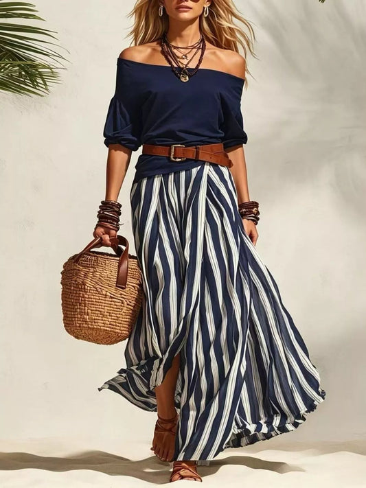 Off Shoulder Top and Striped Maxi Skirt Set with Belt - PBNJ FASHIONS