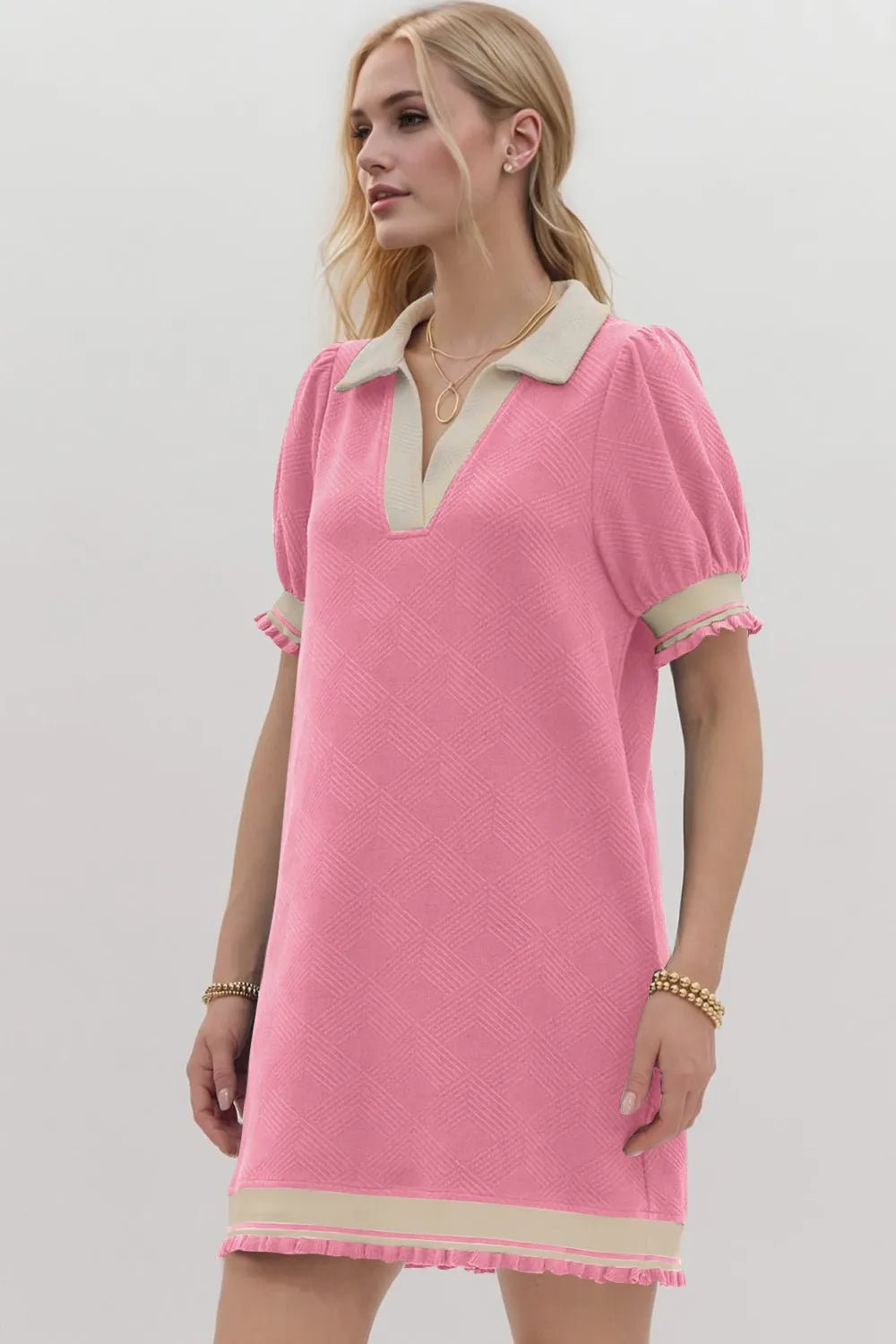 Oh Frill Contrast Trim Johnny Collar Short Sleeve Mini Dress - PBNJ FASHIONS
