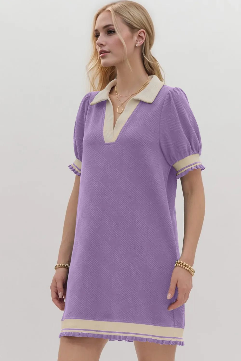 Oh Frill Contrast Trim Johnny Collar Short Sleeve Mini Dress - PBNJ FASHIONS
