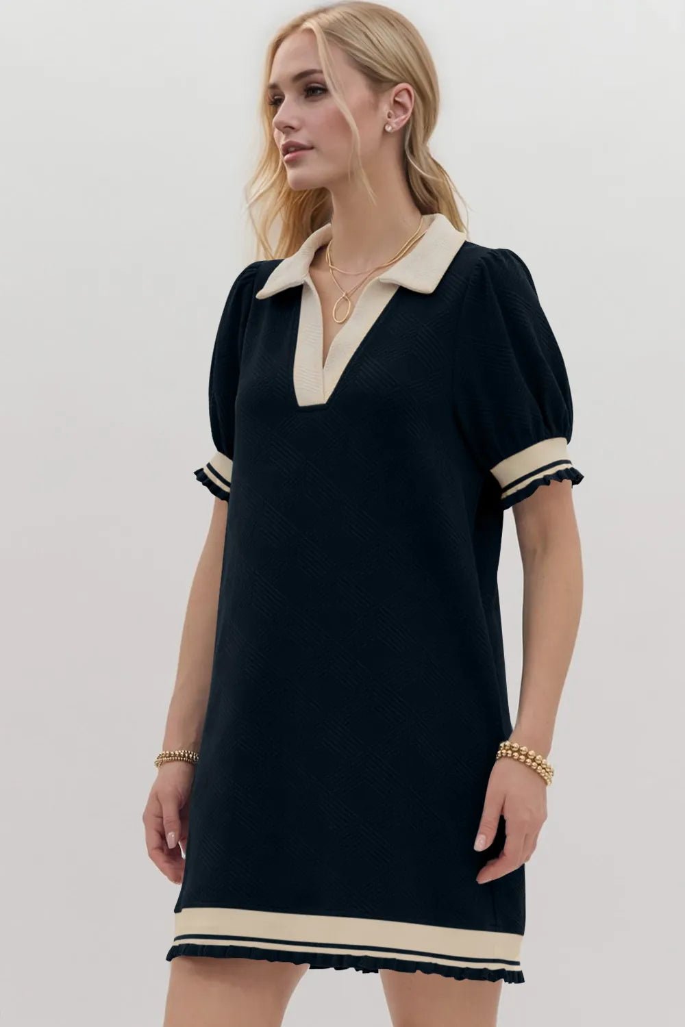 Oh Frill Contrast Trim Johnny Collar Short Sleeve Mini Dress - PBNJ FASHIONS