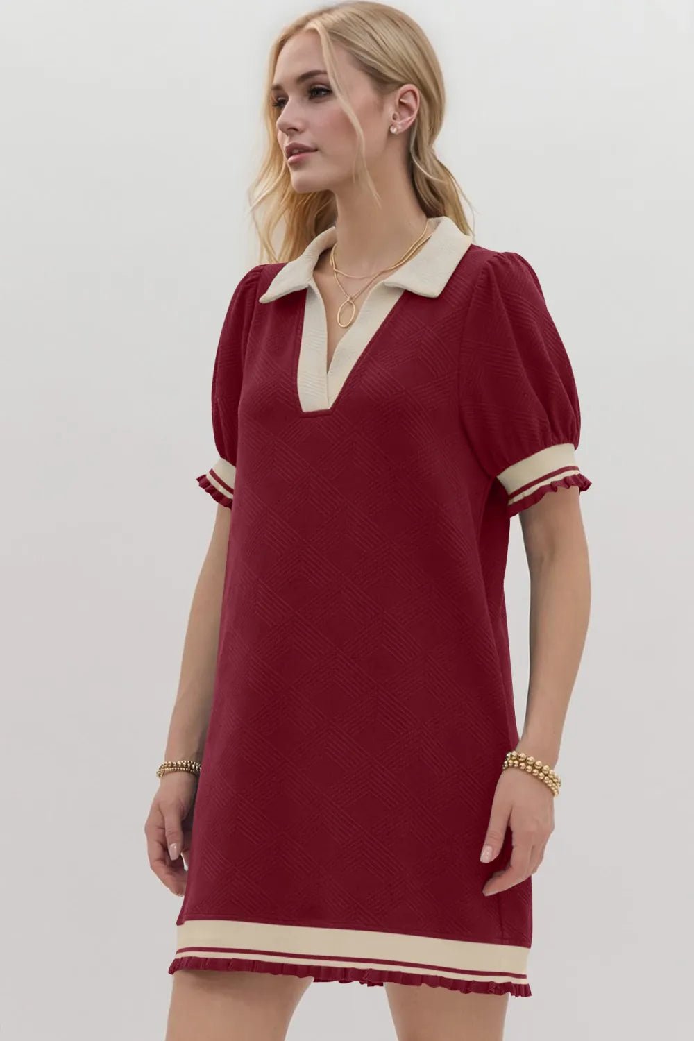Oh Frill Contrast Trim Johnny Collar Short Sleeve Mini Dress - PBNJ FASHIONS