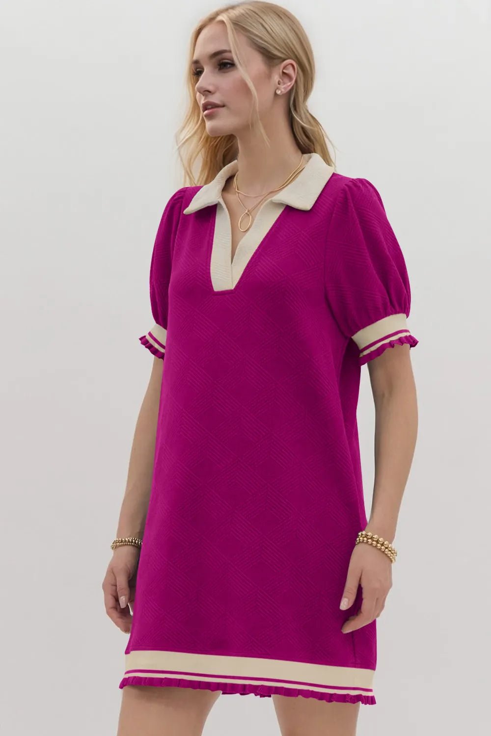 Oh Frill Contrast Trim Johnny Collar Short Sleeve Mini Dress - PBNJ FASHIONS