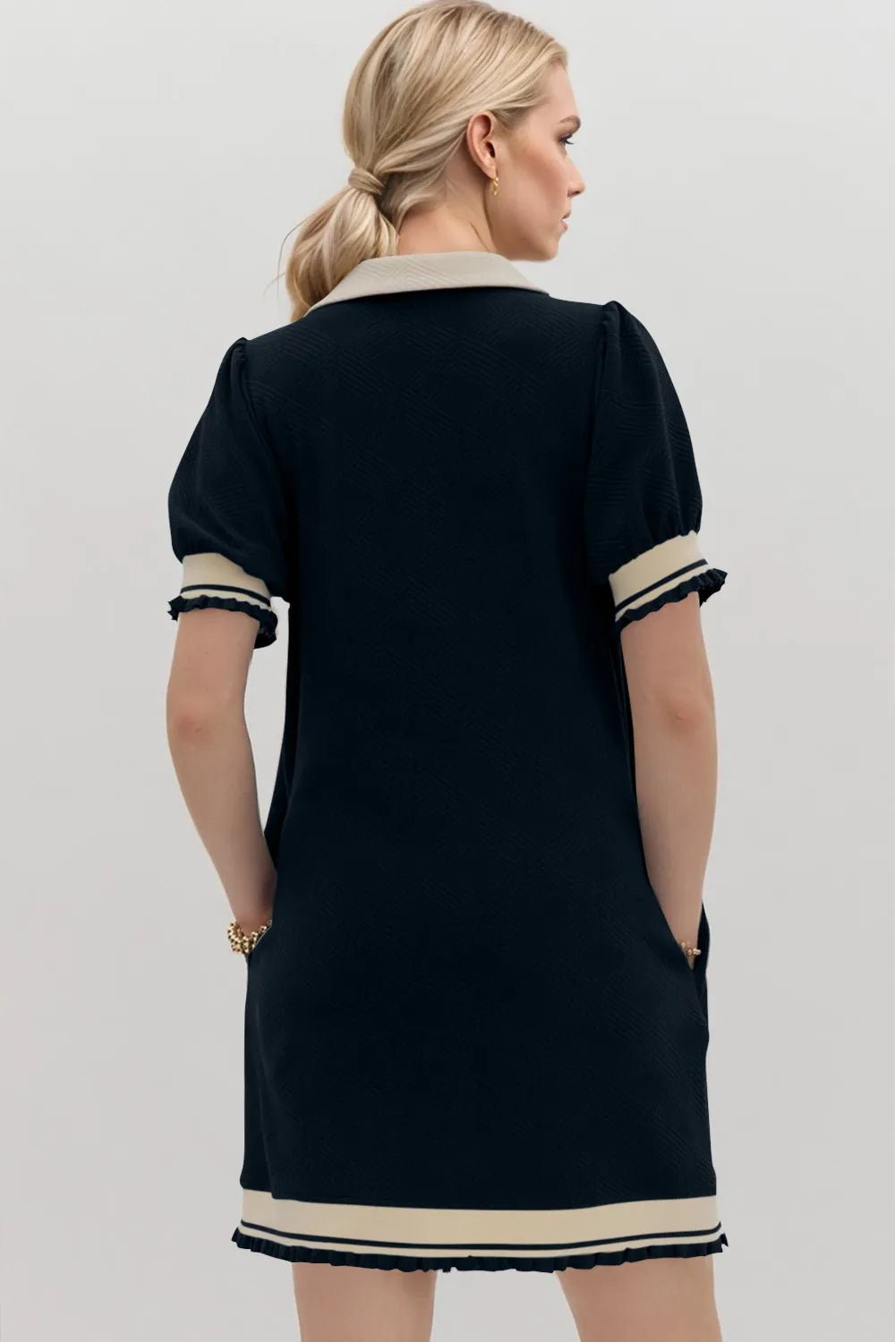 Oh Frill Contrast Trim Johnny Collar Short Sleeve Mini Dress - PBNJ FASHIONS