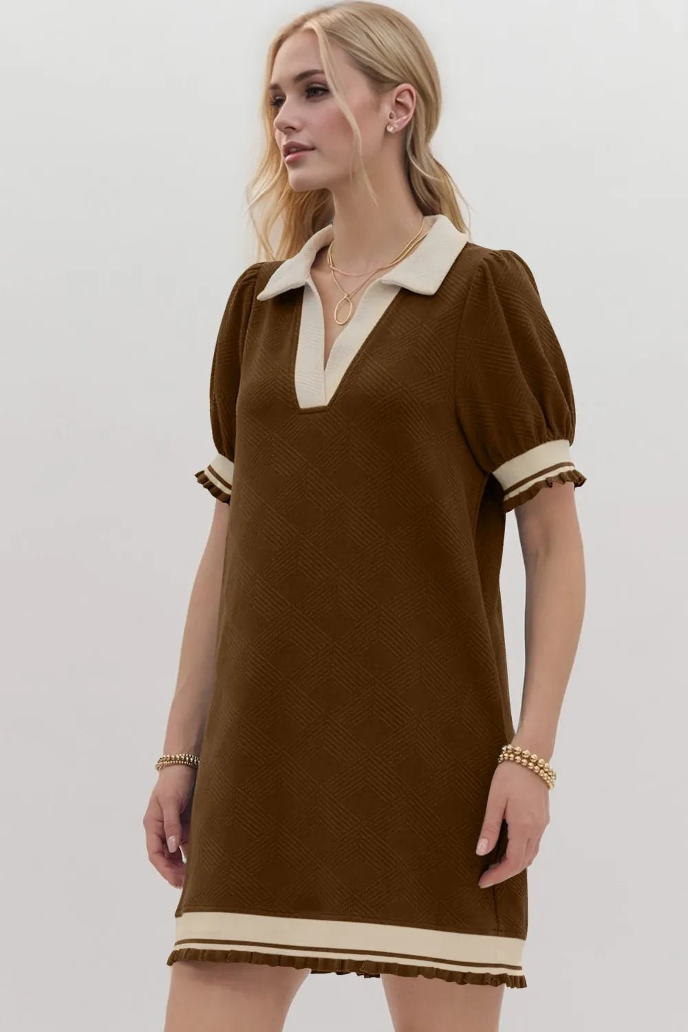 Oh Frill Contrast Trim Johnny Collar Short Sleeve Mini Dress - PBNJ FASHIONS
