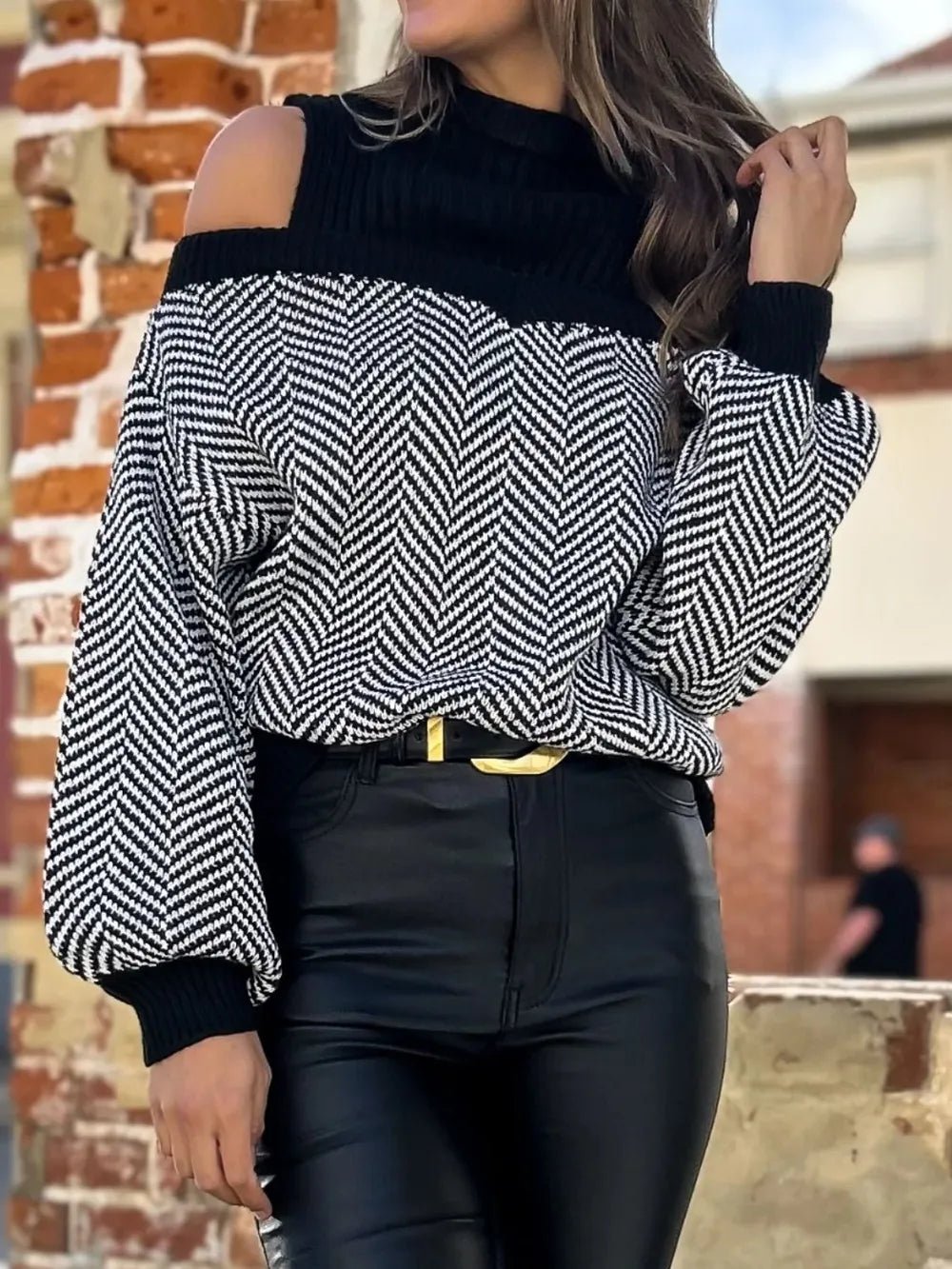 Perfee Mock Neck Cold Shoulder Sweater - PBNJ FASHIONS