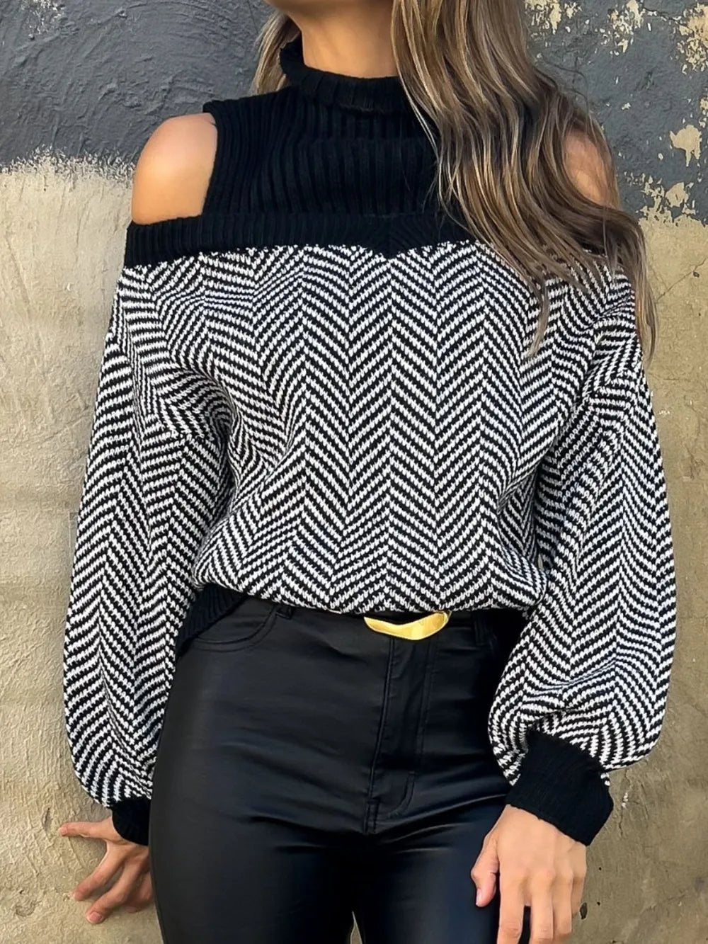 Perfee Mock Neck Cold Shoulder Sweater - PBNJ FASHIONS