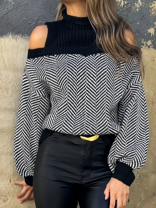 Perfee Mock Neck Cold Shoulder Sweater - PBNJ FASHIONS