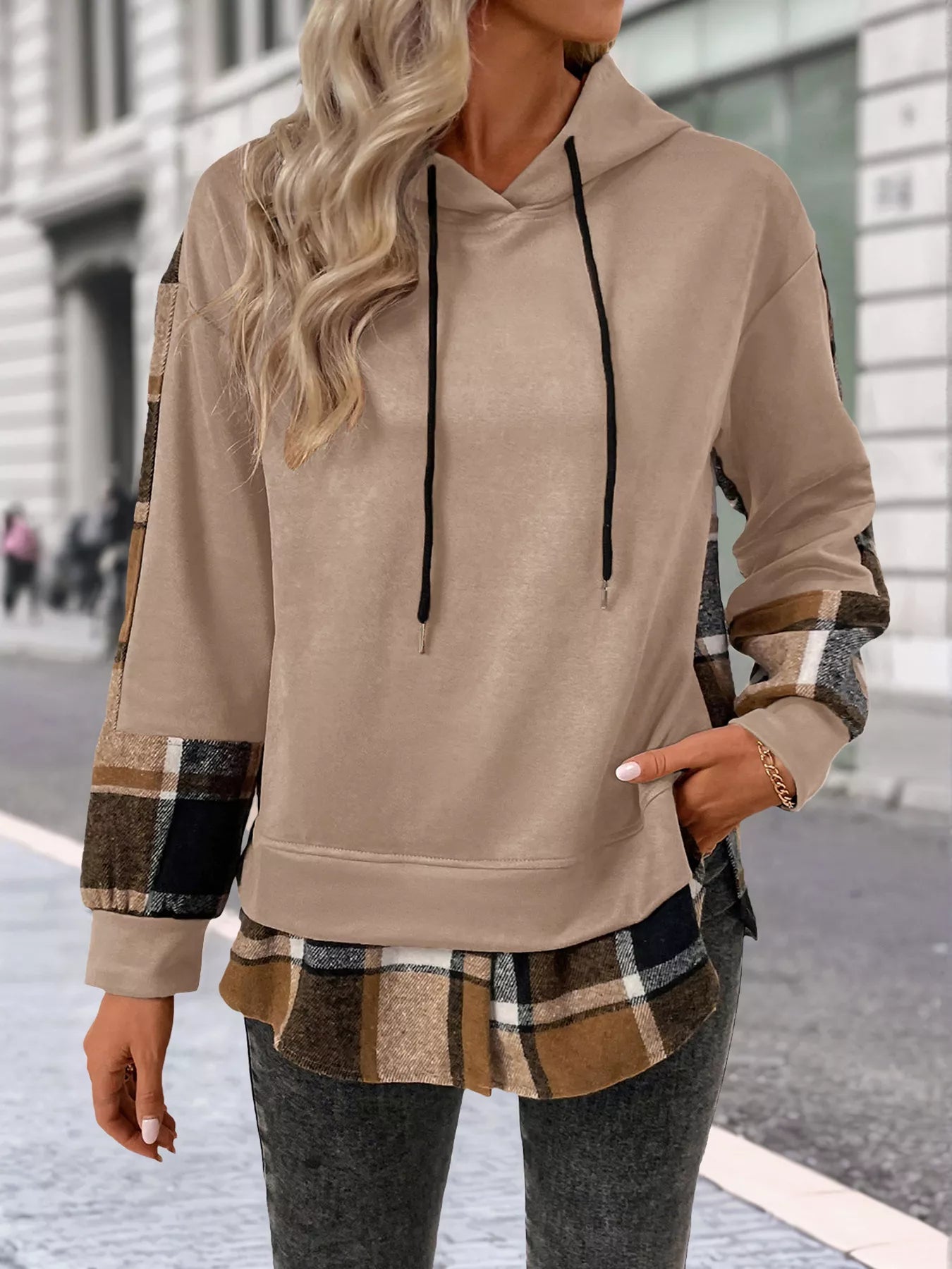 Plaid Drawstring Long Sleeve Hoodie - PBNJ FASHIONS