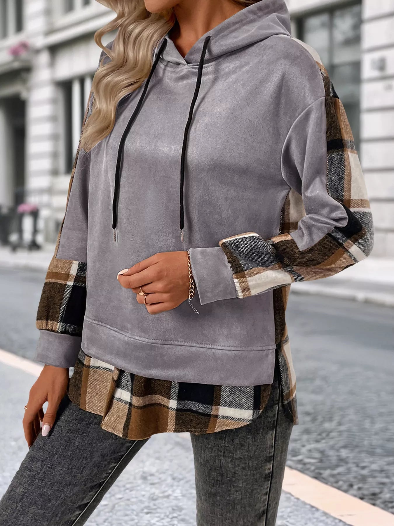 Plaid Drawstring Long Sleeve Hoodie - PBNJ FASHIONS