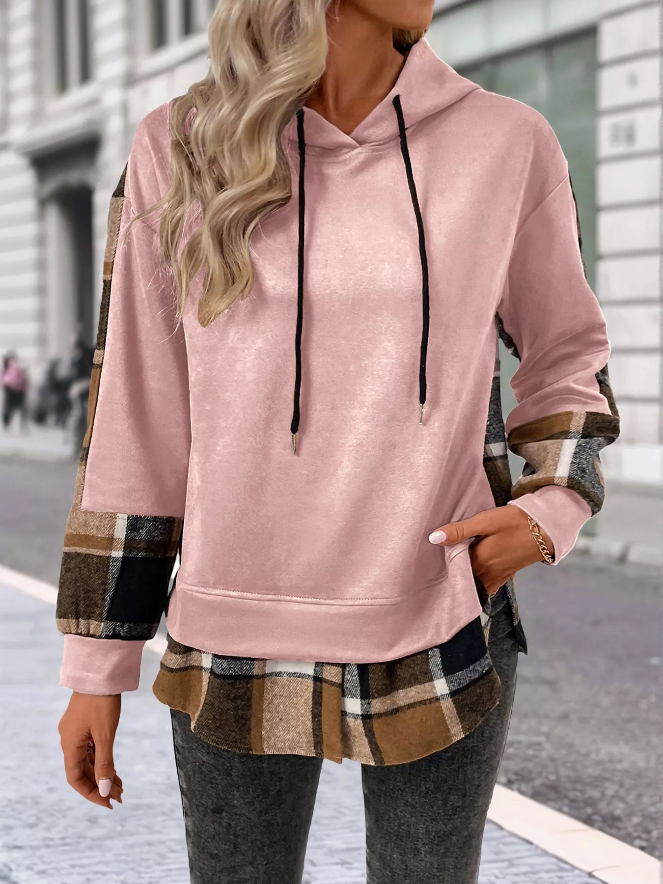 Plaid Drawstring Long Sleeve Hoodie - PBNJ FASHIONS