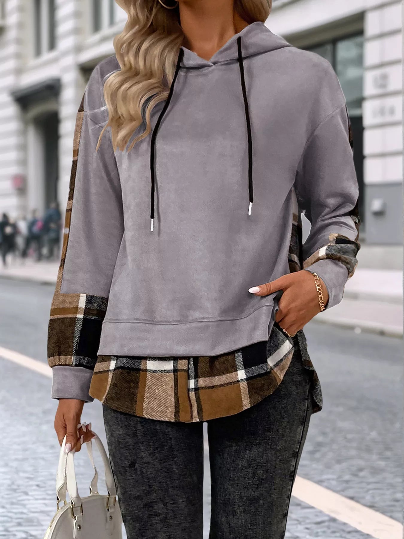 Plaid Drawstring Long Sleeve Hoodie - PBNJ FASHIONS