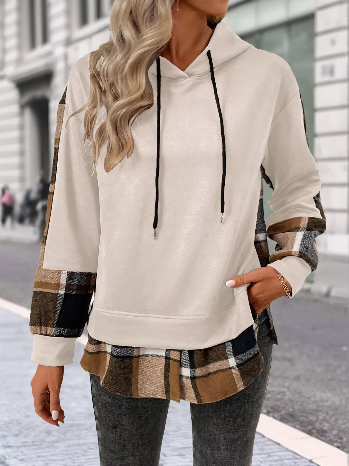 Plaid Drawstring Long Sleeve Hoodie - PBNJ FASHIONS