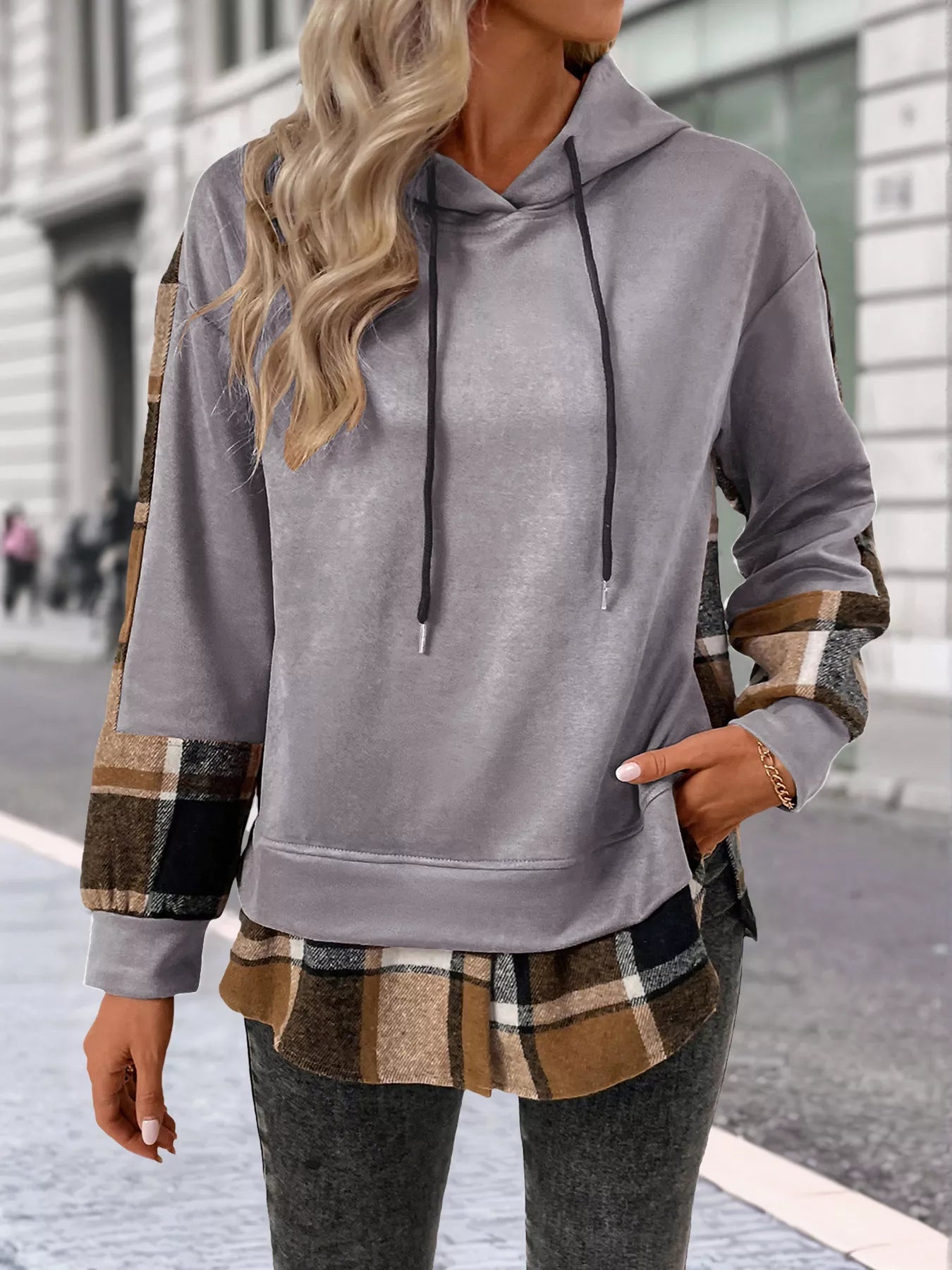 Plaid Drawstring Long Sleeve Hoodie - PBNJ FASHIONS