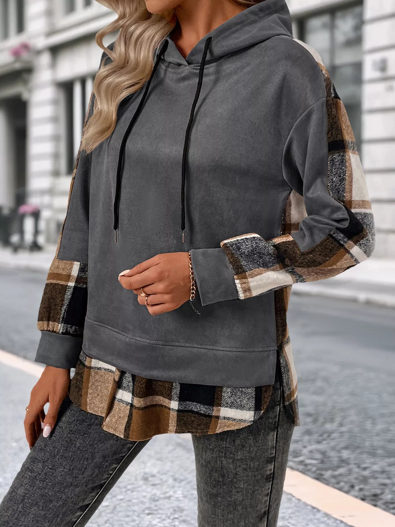 Plaid Drawstring Long Sleeve Hoodie - PBNJ FASHIONS