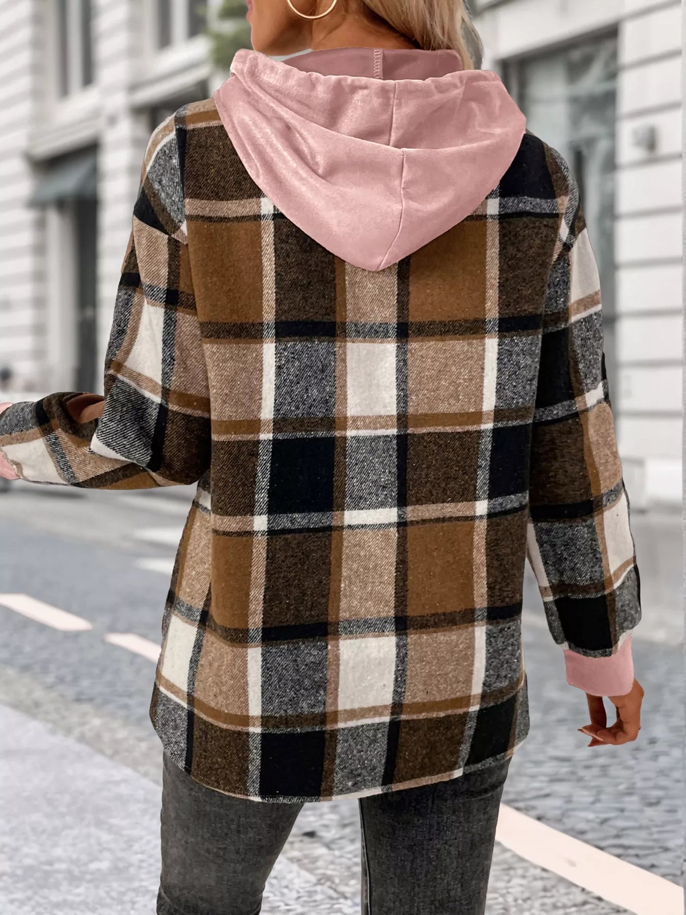 Plaid Drawstring Long Sleeve Hoodie - PBNJ FASHIONS