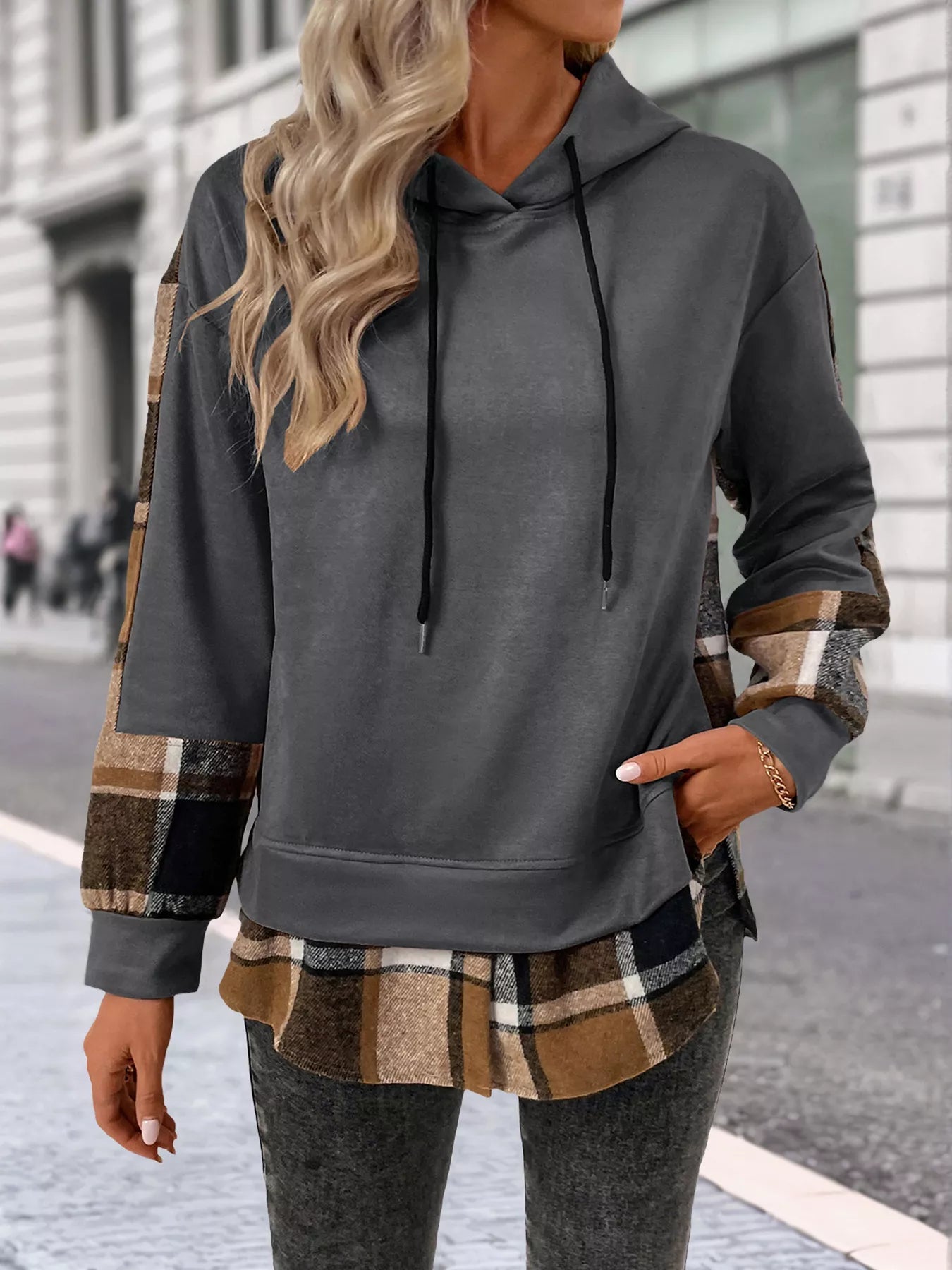 Plaid Drawstring Long Sleeve Hoodie - PBNJ FASHIONS